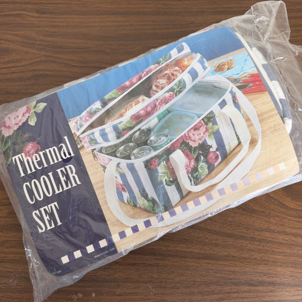 Vintage Floral Stripe Thermal Cooler Bag Blue Pink Insulated Picnic Tote New